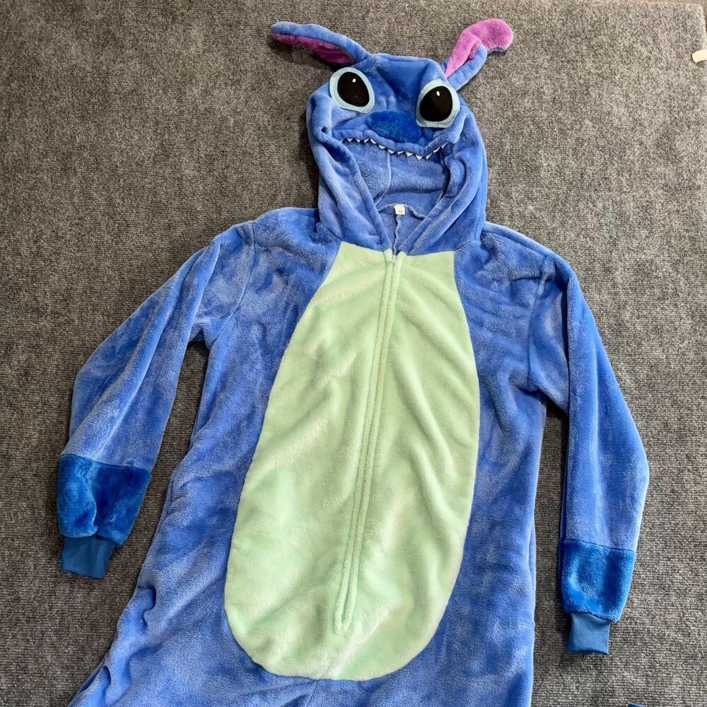 Stitch Costume Adult M Blue Green Hooded Bodysuit Jumpsuit Plush Pajamas Tail